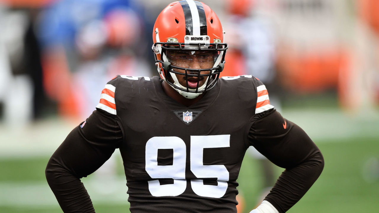 CLEVELAND, OH - NOVEMBER 15: Myles Garrett #95 of the Cleveland Browns warms up before a game against the Houston Texans at FirstEnergy Stadium on November 15, 2020 in Cleveland, Ohio.