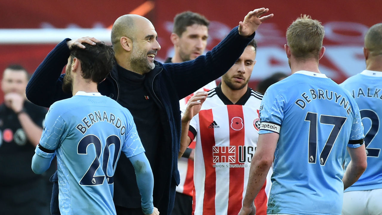 Manchester City's Spanish manager Pep Guardiola reacts at the final whistle during the English Premier League football match between Sheffield United and Manchester City at Bramall Lane in Sheffield, northern England on October 31, 2020.