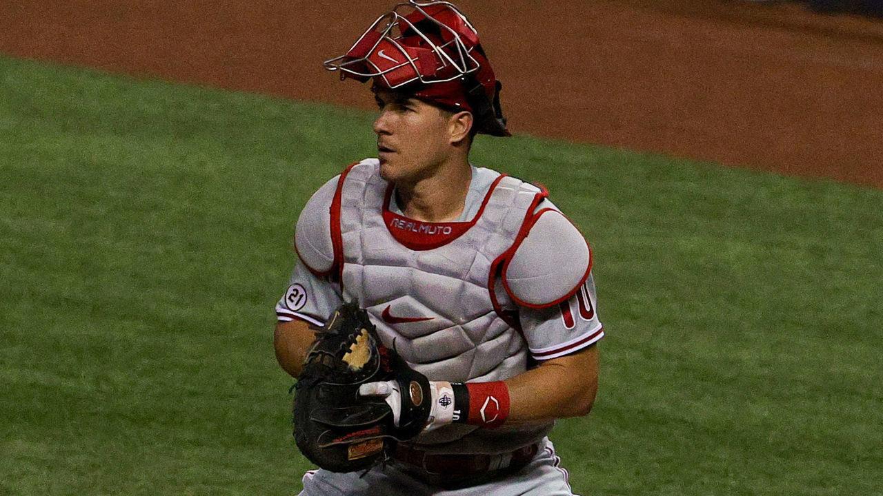 MIAMI, FLORIDA - SEPTEMBER 10: J.T. Realmuto #10 of the Philadelphia Phillies in action against the Miami Marlins at Marlins Park on September 10, 2020 in Miami, Florida.