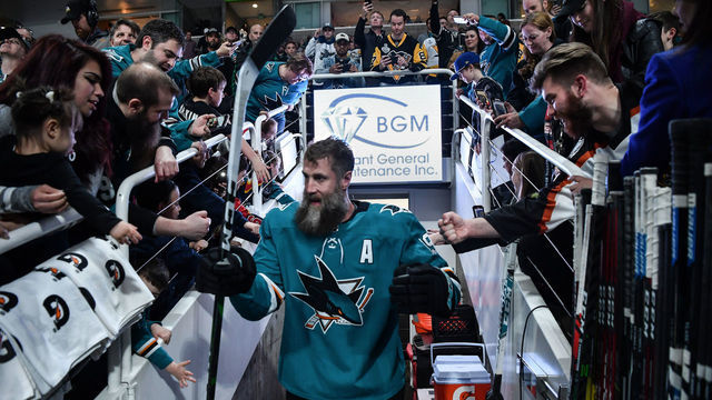SAN JOSE, CA - FEBRUARY 29: Joe Thornton #19 of the San Jose Sharks walks out for warm ups before facing the Pittsburgh Penguins at SAP Center on February 29, 2020 in San Jose, California.