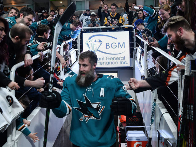 SAN JOSE, CA - FEBRUARY 29: Joe Thornton #19 of the San Jose Sharks walks out for warm ups before facing the Pittsburgh Penguins at SAP Center on February 29, 2020 in San Jose, California.
