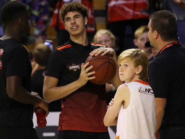 WOLLONGONG, AUSTRALIA - JANUARY 10: Injured Hawks player Lamelo Ball is seen on court after the round 15 NBL match between the Illawarra Hawks and the Perth Wildcats at the WIN Entertainment Centre on January 10, 2020 in Wollongong, Australia.