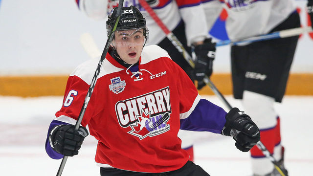 GUELPH, ON - JANUARY 25: Egor Sokolov #26 of Team Cherry celebrates a goal against Team Orr in the 2018 Sherwin-Williams CHL/NHL Top Prospects game at the Sleeman Centre on January 25, 2018 in Guelph, Ontario, Canada. Team Cherry defeated Team Orr 7-4.