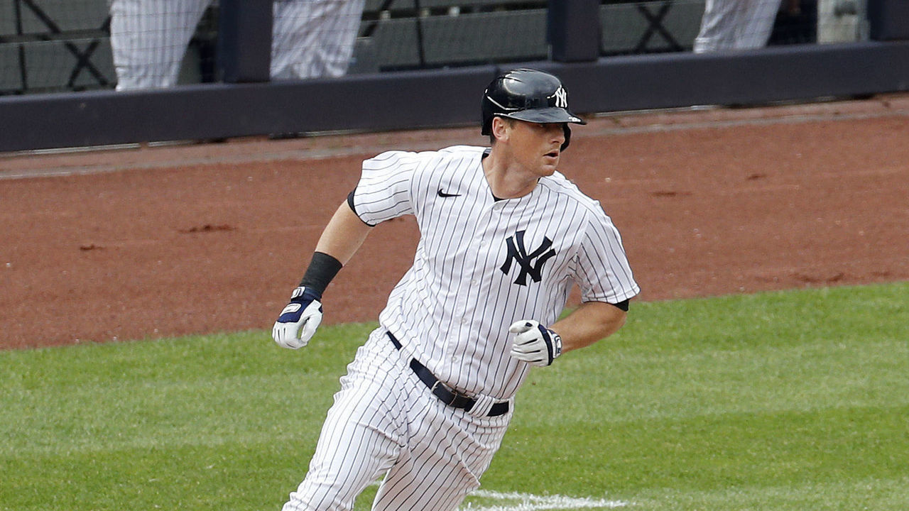 NEW YORK, NEW YORK - SEPTEMBER 26: (NEW YORK DAILIES OUT) DJ LeMahieu #26 of the New York Yankees runs out his double during the first inning against the Miami Marlins at Yankee Stadium on September 26, 2020 in New York City. The Yankees defeated the Marlins 11-4.