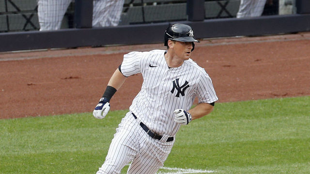 NEW YORK, NEW YORK - SEPTEMBER 26: (NEW YORK DAILIES OUT) DJ LeMahieu #26 of the New York Yankees runs out his double during the first inning against the Miami Marlins at Yankee Stadium on September 26, 2020 in New York City. The Yankees defeated the Marlins 11-4.
