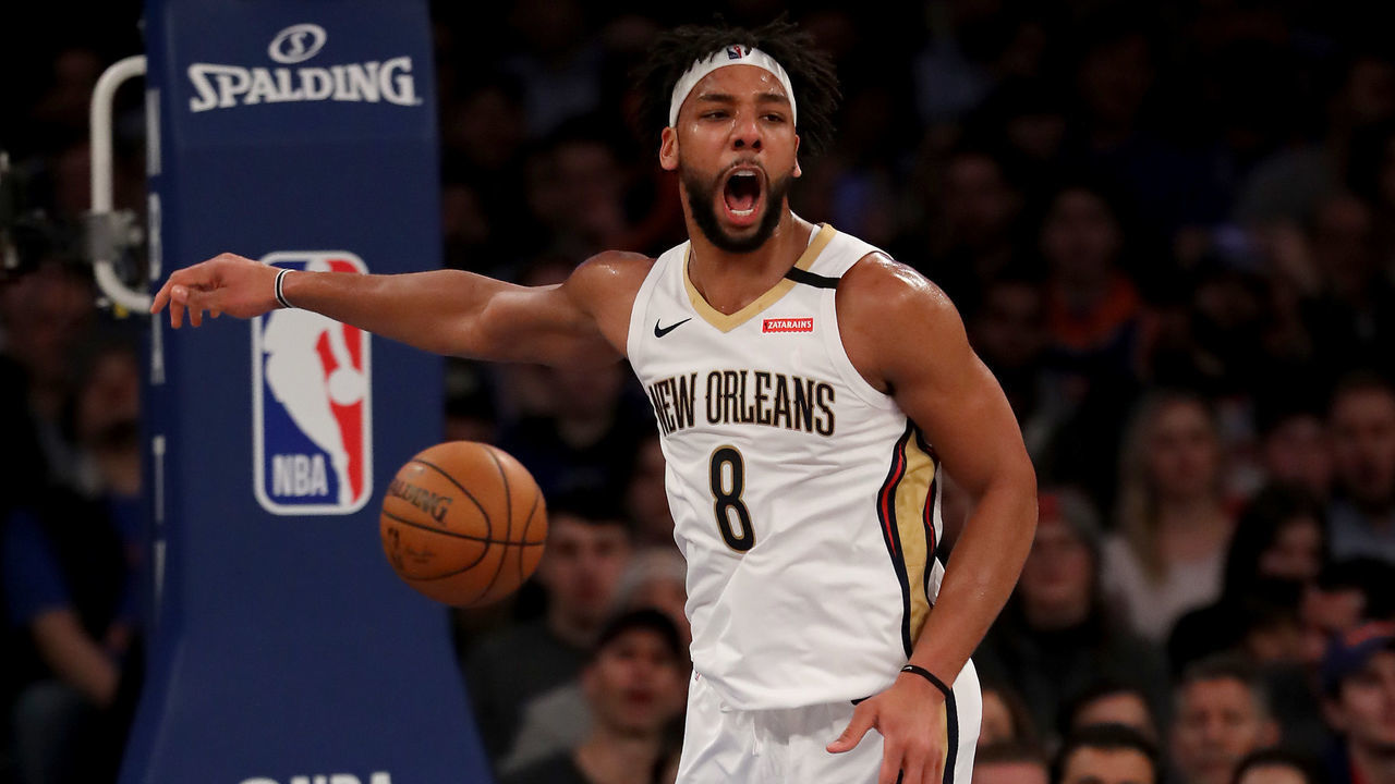 NEW YORK, NEW YORK - JANUARY 10: Jahlil Okafor #8 of the New Orleans Pelicans celebrates his dunk in the second half against the New York Knicks at Madison Square Garden on January 10, 2020 in New York City.The New Orleans Pelicans defeated the New York Knicks 123-111.