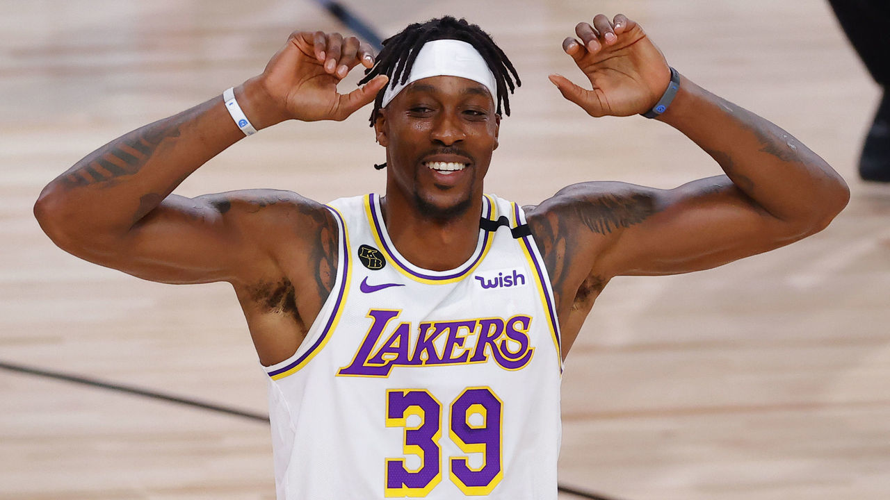 LAKE BUENA VISTA, FLORIDA - OCTOBER 04: Dwight Howard #39 of the Los Angeles Lakers reacts during the first half against the Miami Heat in Game Three of the 2020 NBA Finals at AdventHealth Arena at ESPN Wide World Of Sports Complex on October 04, 2020 in Lake Buena Vista, Florida.