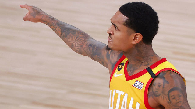 LAKE BUENA VISTA, FLORIDA - AUGUST 23: Jordan Clarkson #00 of the Utah Jazz reacts after being charged with a foul during the third quarter against the Denver Nuggets in Game Four of the Western Conference First Round during the 2020 NBA Playoffs at AdventHealth Arena at ESPN Wide World Of Sports Complex on August 23, 2020 in Lake Buena Vista, Florida.