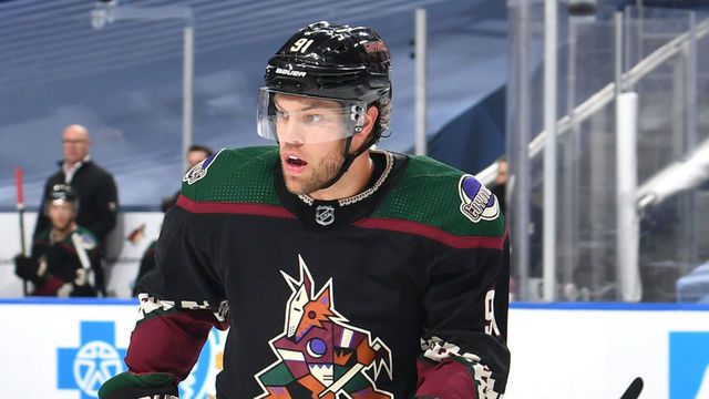 EDMONTON, ALBERTA - JULY 30: Taylor Hall #91 of the Arizona Coyotes skates with the puck against the Vegas Golden Knights during the second period of the exhibition game prior to the 2020 NHL Stanley Cup Playoffs at Rogers Place on July 30, 2020 in Edmonton, Alberta.