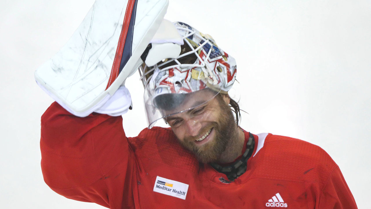 ARLINGTON, VIRGINIA - JULY 17: Braden Holtby #70 of the Washington Capitals looks on during practice at MedStar Capitals Iceplex on July 17, 2020 in Arlington, Virginia. The team continues to prepare for a return to play since NHL paused its season due to the coronavirus pandemic in March.