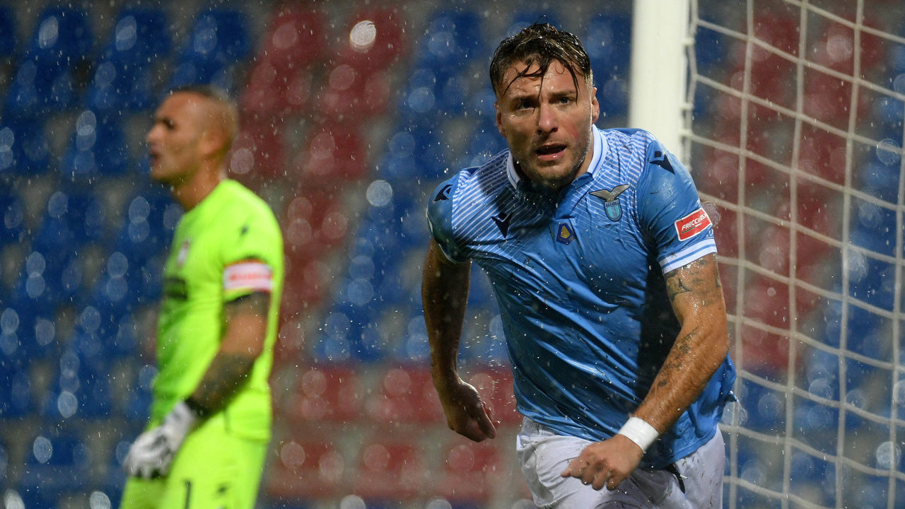 CROTONE, ITALY - NOVEMBER 21: Ciro Immobile of SS Lazio celebrates scoring the opening goal during the Serie A match between FC Crotone and SS Lazio at Stadio Comunale Ezio Scida on November 21, 2020 in Crotone, Italy.
