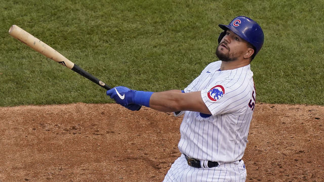 CHICAGO, ILLINOIS - SEPTEMBER 07: Kyle Schwarber #12 of the Chicago Cubs at bat during the sixth inning of a game against the St. Louis Cardinals at Wrigley Field on September 07, 2020 in Chicago, Illinois.