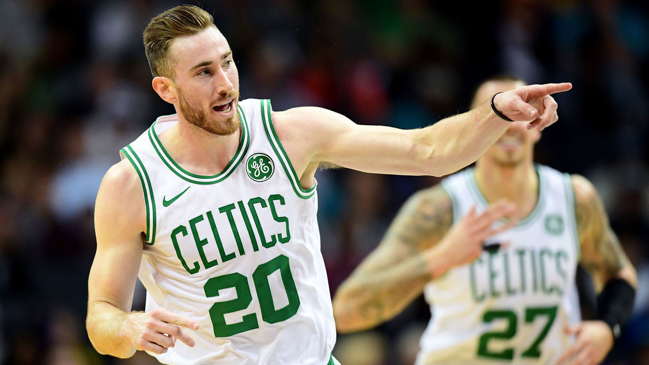 CHARLOTTE, NORTH CAROLINA - DECEMBER 31: Gordon Hayward #20 of the Boston Celtics reacts after making a shot during the second quarter during their game against the Charlotte Hornets at Spectrum Center on December 31, 2019 in Charlotte, North Carolina. The Phoenix Suns top the Portland Trail Blazers 122-116.