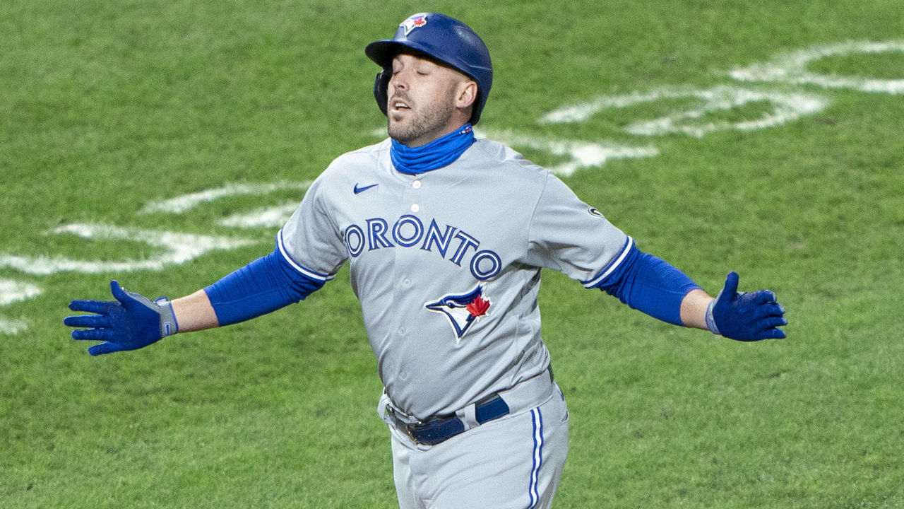 PHILADELPHIA, PA - SEPTEMBER 19: Toronto Blue Jays First Baseman Travis Shaw (6) reacts after hitting a home run as he rounds the bases during the fifth inning of a Major League Baseball game between the Toronto Blue Jays and the Philadelphia Phillies on September 19, 2020, at Citizens Bank Park in Philadelphia, PA.