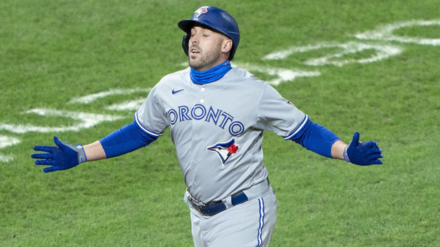 PHILADELPHIA, PA - SEPTEMBER 19: Toronto Blue Jays First Baseman Travis Shaw (6) reacts after hitting a home run as he rounds the bases during the fifth inning of a Major League Baseball game between the Toronto Blue Jays and the Philadelphia Phillies on September 19, 2020, at Citizens Bank Park in Philadelphia, PA.