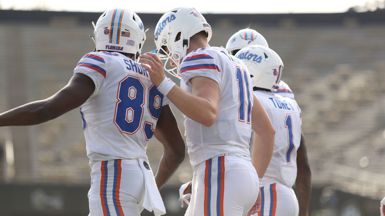 NASHVILLE, TN - NOVEMBER 21: Kyle Trask #11 and Justin Shorter #89 of the Florida Gators celebrate after a play against the Vanderbilt Commodores at Vanderbilt Stadium on November 21, 2020 in Nashville, Tennessee.