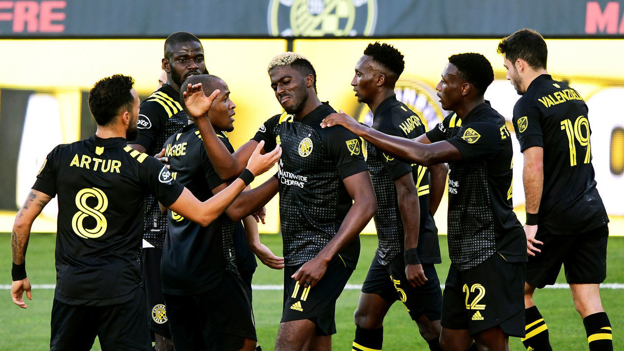 COLUMBUS, OHIO - NOVEMBER 08: Gyasi Zardes #11 of Columbus Crew celebrates with his teammates after scoring a goal during the second half of their game against Atlanta United at MAPFRE Stadium on November 08, 2020 in Columbus, Ohio.