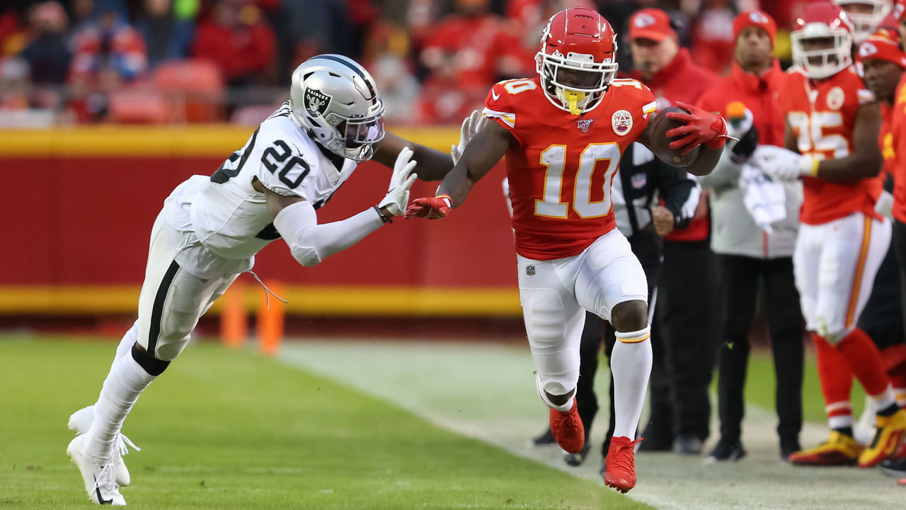 KANSAS CITY, MO - DECEMBER 01: Oakland Raiders cornerback Daryl Worley (20) pushes Kansas City Chiefs wide receiver Tyreek Hill (10) out of bounds after a 13-yard reception in the second quarter of an AFC West game between the Oakland Raiders and Kansas City Chiefs on December 1, 2019 at Arrowhead Stadium in Kansas City, MO.