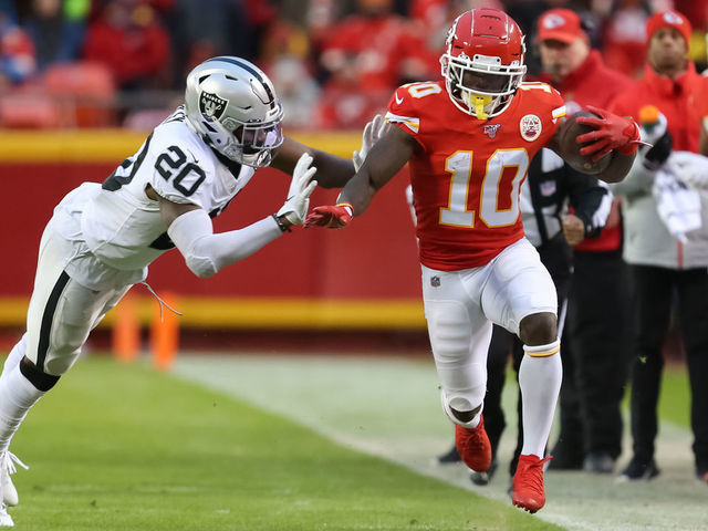 KANSAS CITY, MO - DECEMBER 01: Oakland Raiders cornerback Daryl Worley (20) pushes Kansas City Chiefs wide receiver Tyreek Hill (10) out of bounds after a 13-yard reception in the second quarter of an AFC West game between the Oakland Raiders and Kansas City Chiefs on December 1, 2019 at Arrowhead Stadium in Kansas City, MO.