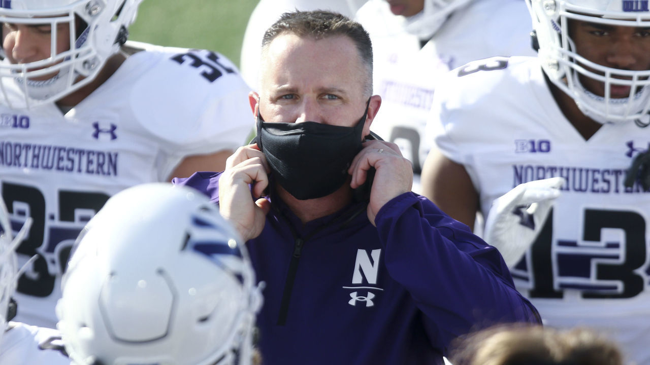 IOWA CITY, IOWA- OCTOBER 31: Head coach Pat Fitzgerald of the Northwestern Wildcats walks the sidelines in the first half against the Iowa Hawkeyes at Kinnick Stadium on October 31, 2020 in Iowa City, Iowa.