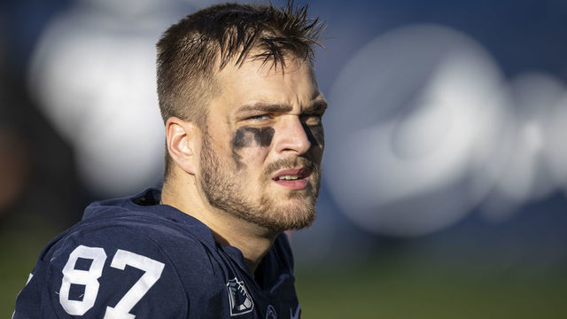 STATE COLLEGE, PA - NOVEMBER 7: Pat Freiermuth #87 of the Penn State Nittany Lions looks on before the game against the Maryland Terrapins at Beaver Stadium on November 7, 2020 in State College, Pennsylvania.