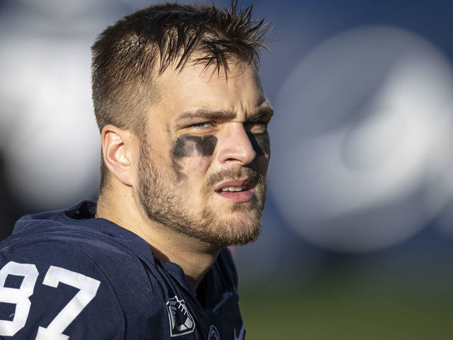 STATE COLLEGE, PA - NOVEMBER 7: Pat Freiermuth #87 of the Penn State Nittany Lions looks on before the game against the Maryland Terrapins at Beaver Stadium on November 7, 2020 in State College, Pennsylvania.