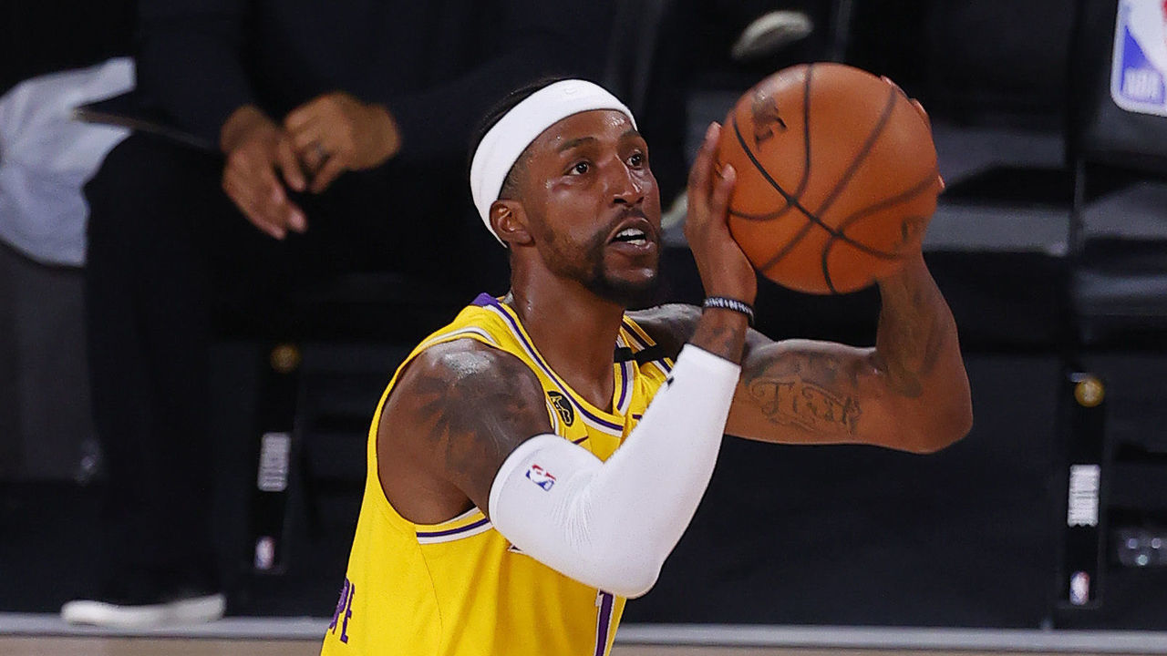 LAKE BUENA VISTA, FLORIDA - SEPTEMBER 18: Kentavious Caldwell-Pope #1 of the Los Angeles Lakers shoots against the Denver Nuggets during the third quarter in Game One of the Western Conference Finals during the 2020 NBA Playoffs at AdventHealth Arena at the ESPN Wide World Of Sports Complex on September 18, 2020 in Lake Buena Vista, Florida.