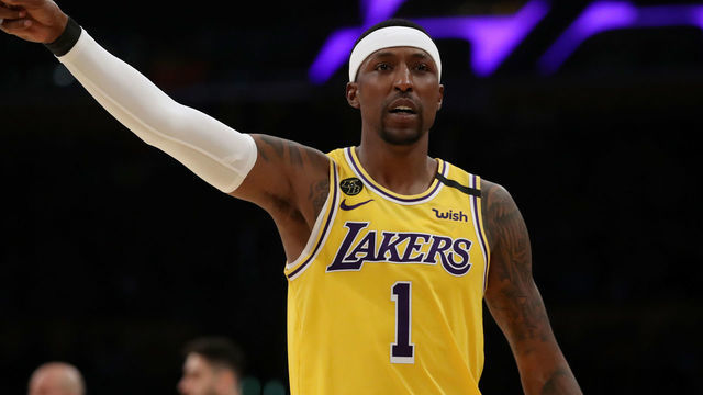 LOS ANGELES, CALIFORNIA - MARCH 03: Kentavious Caldwell-Pope #1 of the Los Angeles Lakers reacts to a play against the Philadelphia 76ers during the second half at Staples Center on March 03, 2020 in Los Angeles, California.