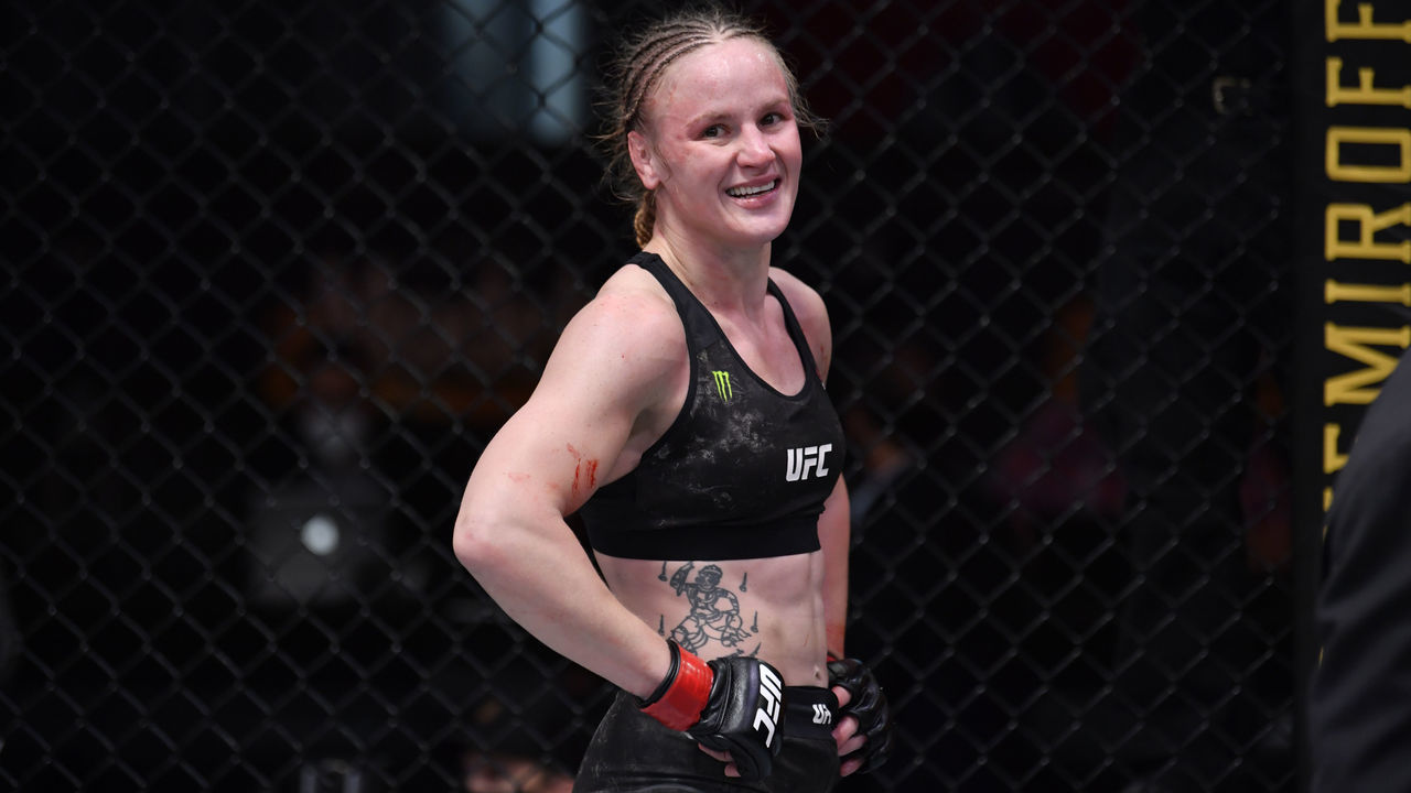 LAS VEGAS, NEVADA - NOVEMBER 21: Valentina Shevchenko of Kyrgyzstan reacts after her women's flyweight championship bout against Jennifer Maia of Brazil during the UFC 255 event at UFC APEX on November 21, 2020 in Las Vegas, Nevada.