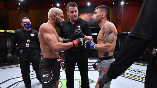 LAS VEGAS, NEVADA - NOVEMBER 21: (L-R) Deiveson Figueiredo of Brazil and Alex Perez touch gloves prior to their flyweight championship bout during the UFC 255 event at UFC APEX on November 21, 2020 in Las Vegas, Nevada.