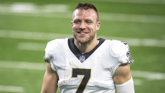 DETROIT, MI - OCTOBER 04: Taysom Hill #7 of the New Orleans Saints smiles after the win against the Detroit Lions at Ford Field on October 4, 2020 in Detroit, Michigan.