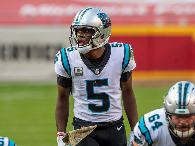 Carolina Panthers quarterback Teddy Bridgewater (5) walks off the