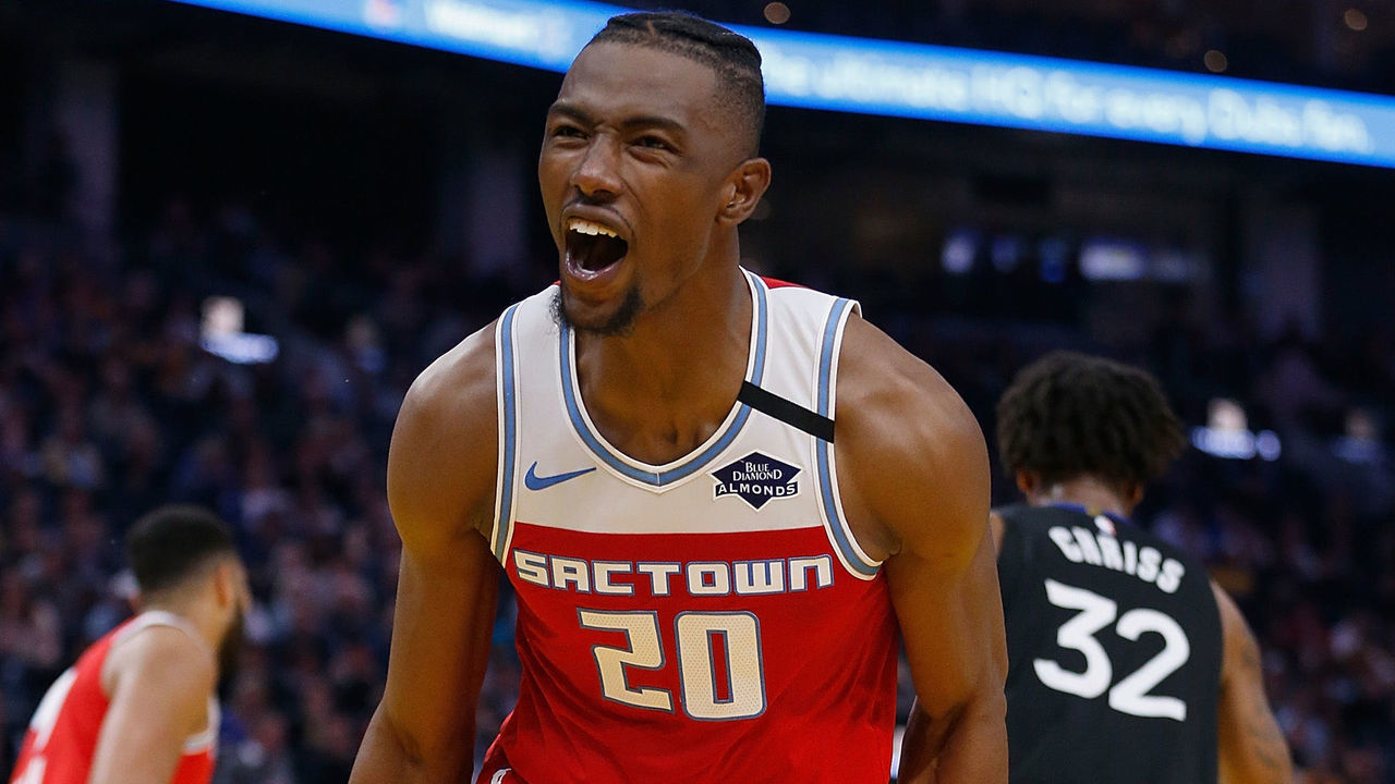 SAN FRANCISCO, CALIFORNIA - FEBRUARY 25: Harry Giles III #20 of the Sacramento Kings reacts after missing a dunk in the first half against the Golden State Warriors at Chase Center on February 25, 2020 in San Francisco, California. NOTE TO USER: User expressly acknowledges and agrees that, by downloading and/or using this photograph, user is consenting to the terms and conditions of the Getty Images License Agreement.