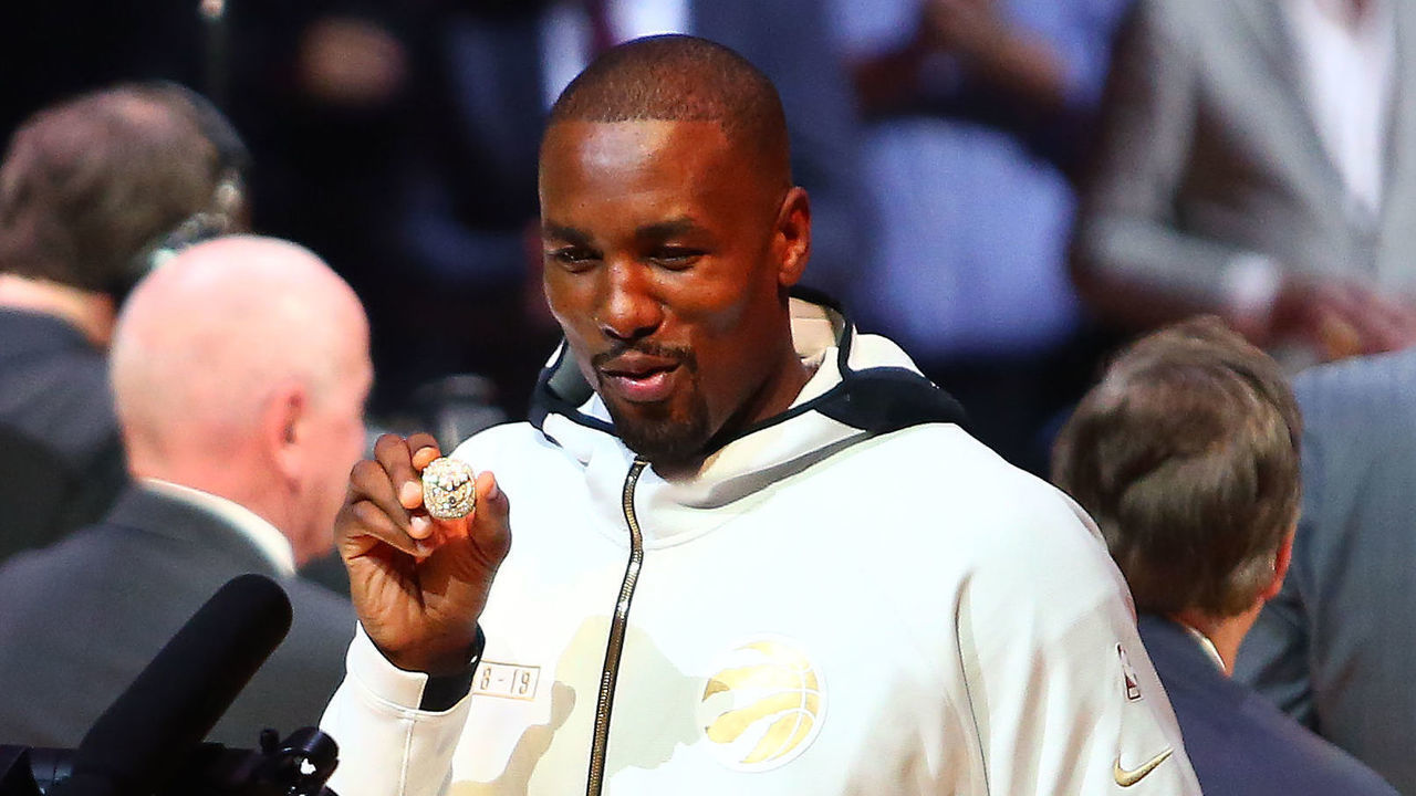 TORONTO, ON - OCTOBER 22: Serge Ibaka #9 receives his ring during the Toronto Raptors Ring Ceremony at Scotiabank Arena on October 22, 2019 in Toronto, Canada.