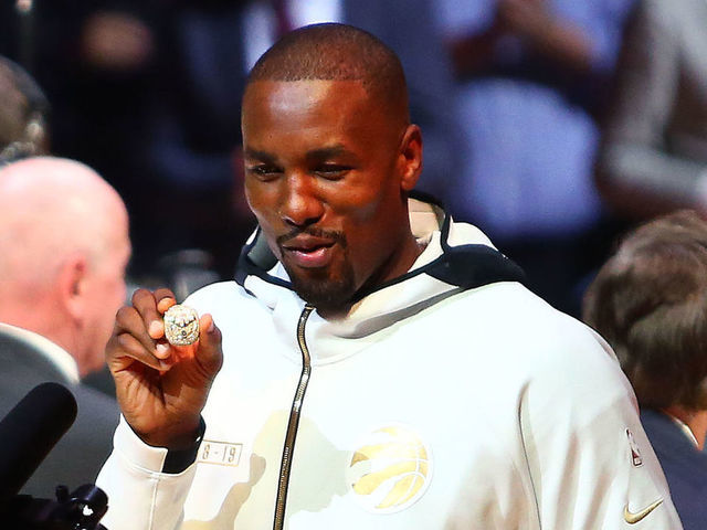 TORONTO, ON - OCTOBER 22: Serge Ibaka #9 receives his ring during the Toronto Raptors Ring Ceremony at Scotiabank Arena on October 22, 2019 in Toronto, Canada.