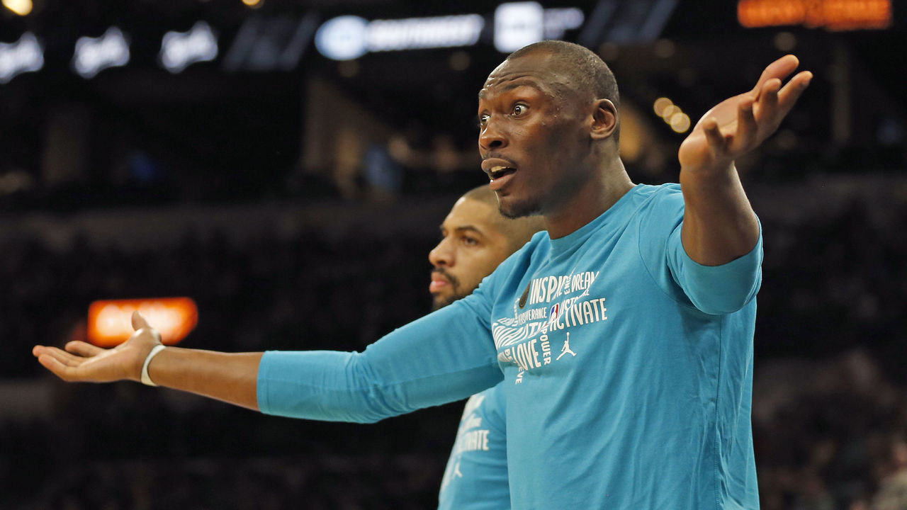 SAN ANTONIO, TX - FEBRUARY 01: Bismack Biyombo #8 of the Charlotte Hornets reacts to a non call during second half action at AT&T Center on February 01, 2020 in San Antonio, Texas. San Antonio Spurs defeated the Charlotte Hornets 114-90. NOTE TO USER: User expressly acknowledges and agrees that , by downloading and or using this photograph, User is consenting to the terms and conditions of the Getty Images License Agreement.