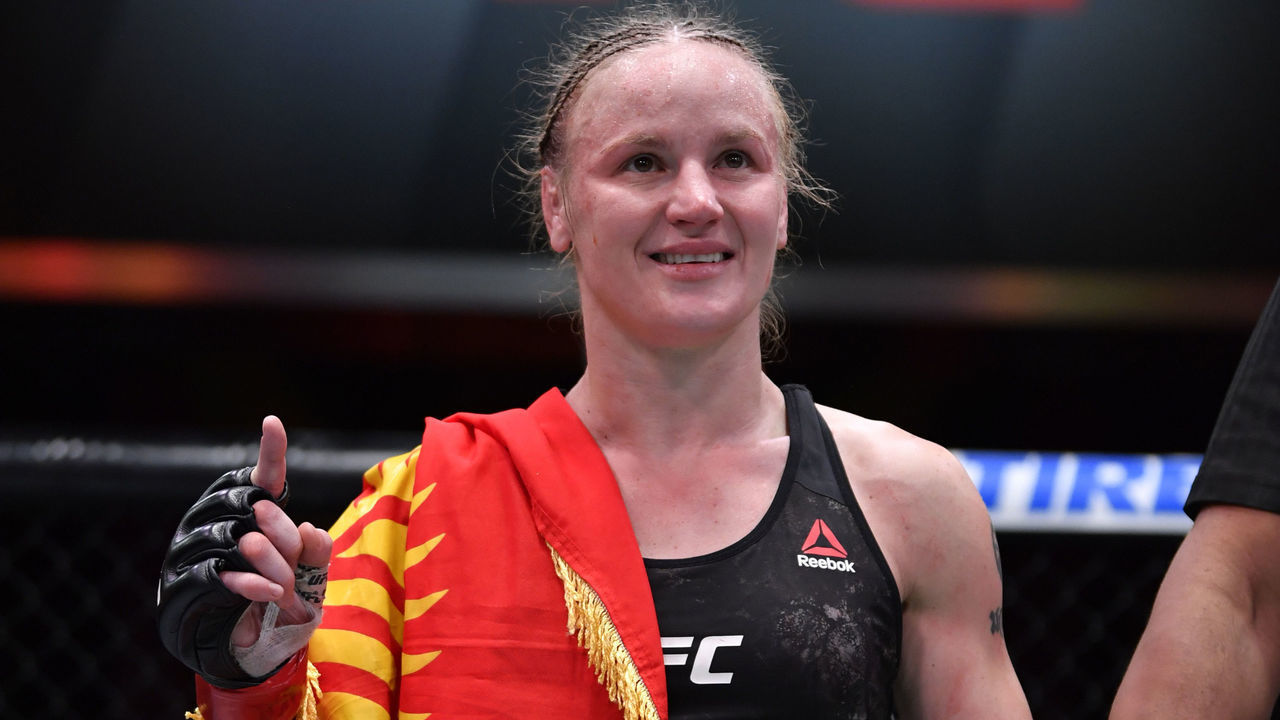LAS VEGAS, NEVADA - NOVEMBER 21: Valentina Shevchenko of Kyrgyzstan reacts after her women's flyweight championship bout against Jennifer Maia of Brazil during the UFC 255 event at UFC APEX on November 21, 2020 in Las Vegas, Nevada.