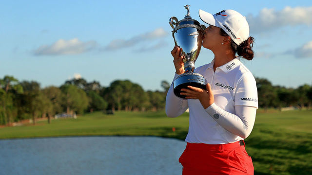 BELLEAIR, FLORIDA - NOVEMBER 22: Sei Young Kim of Korea poses with the trophy after winning the Pelican Women's Championship at Pelican Golf Club on November 22, 2020 in Belleair, Florida.