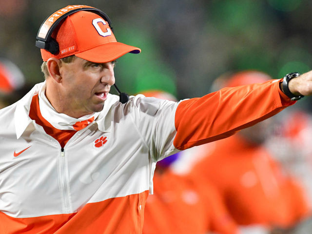 SOUTH BEND, INDIANA - NOVEMBER 07: Head coach Dabo Swinney of the Clemson Tigers signals to his players in the second quarter against the Notre Dame Fighting Irish at Notre Dame Stadium on November 7, 2020 in South Bend, Indiana.