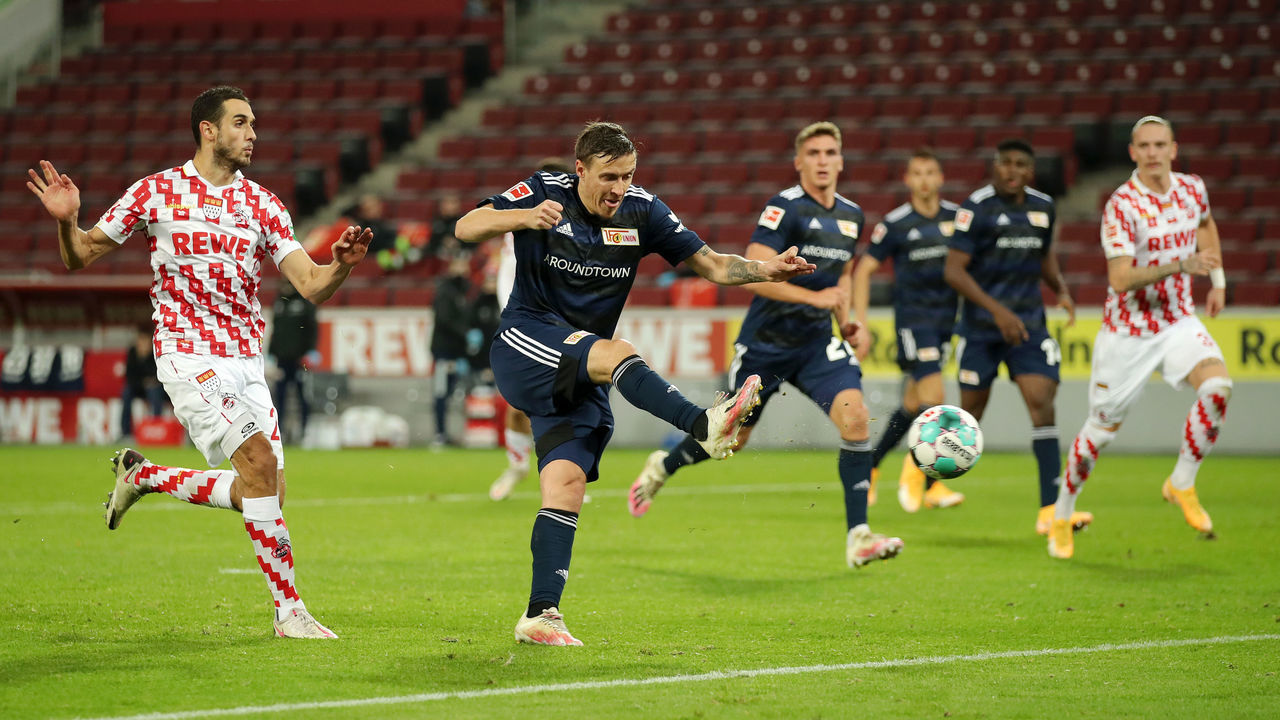 COLOGNE, GERMANY - NOVEMBER 22: Max Kruse of 1. FC Union Berlin scores their sides second goal during the Bundesliga match between 1. FC Koeln and 1. FC Union Berlin at RheinEnergieStadion on November 22, 2020 in Cologne, Germany. Sporting stadiums around Germany remain under strict restrictions due to the Coronavirus Pandemic as Government social distancing laws prohibit fans inside venues resulting in games being played behind closed doors.