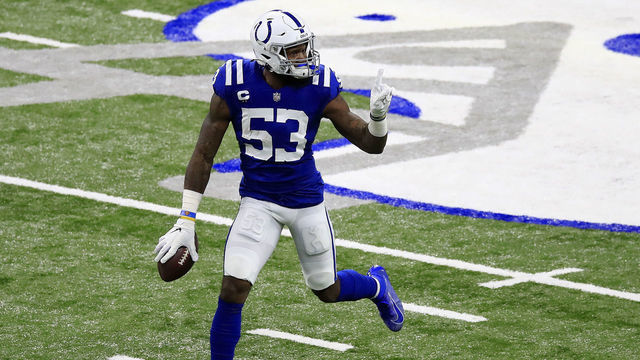 INDIANAPOLIS, INDIANA - NOVEMBER 22: Darius Leonard #53 of the Indianapolis Colts celebrates after recovering a fumble during the first quarter against the Green Bay Packers in the game at Lucas Oil Stadium on November 22, 2020 in Indianapolis, Indiana.