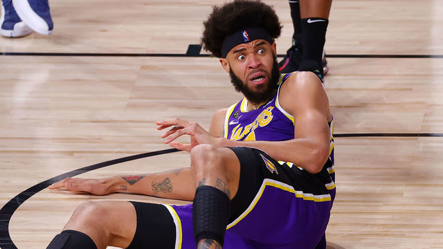 LAKE BUENA VISTA, FLORIDA - SEPTEMBER 26: JaVale McGee #7 of the Los Angeles Lakers reacts to a foul during the second quarter against the Denver Nuggets in Game Five of the Western Conference Finals during the 2020 NBA Playoffs at AdventHealth Arena at the ESPN Wide World Of Sports Complex on September 26, 2020 in Lake Buena Vista, Florida.