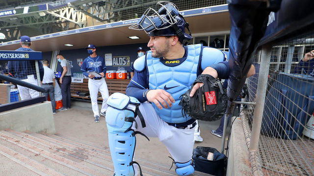 SAN DIEGO, CA - OCTOBER 06: Mike Zunino #10 of the Tampa Bay Rays gets ready to take the field prior to Game 2 of the ALDS between the New York Yankees and the Tampa Bay Rays at Petco Park on Tuesday, October 6, 2020 in San Diego, California.