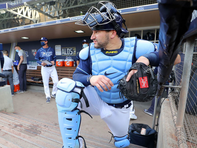 SAN DIEGO, CA - OCTOBER 06: Mike Zunino #10 of the Tampa Bay Rays gets ready to take the field prior to Game 2 of the ALDS between the New York Yankees and the Tampa Bay Rays at Petco Park on Tuesday, October 6, 2020 in San Diego, California.