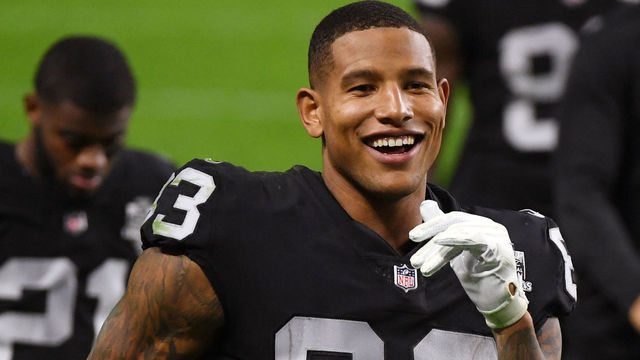 LAS VEGAS, NEVADA - NOVEMBER 22: Tight end Darren Waller #83 of the Las Vegas Raiders smiles as he walks off the field at halftime of a game against the Kansas City Chiefs at Allegiant Stadium on November 22, 2020 in Las Vegas, Nevada.
