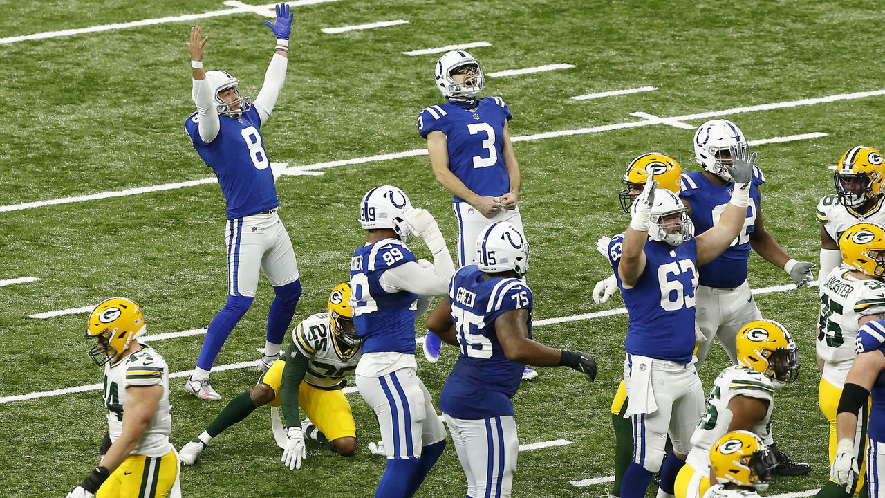 INDIANAPOLIS, IN - NOVEMBER 22: Indianapolis Colts Place Kicker Rodrigo Blankenship (3) celebrates his 39 yard game winning field goal in overtime during a NFL game between the Green Bay Packers and the Indianapolis Colts on November 22, 2020 at Lucas Oil Stadium in Indianapolis, IN.