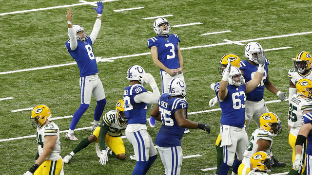 INDIANAPOLIS, IN - NOVEMBER 22: Indianapolis Colts Place Kicker Rodrigo Blankenship (3) celebrates his 39 yard game winning field goal in overtime during a NFL game between the Green Bay Packers and the Indianapolis Colts on November 22, 2020 at Lucas Oil Stadium in Indianapolis, IN.