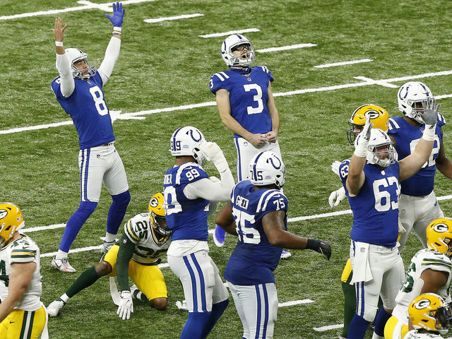 INDIANAPOLIS, IN - NOVEMBER 22: Indianapolis Colts Place Kicker Rodrigo Blankenship (3) celebrates his 39 yard game winning field goal in overtime during a NFL game between the Green Bay Packers and the Indianapolis Colts on November 22, 2020 at Lucas Oil Stadium in Indianapolis, IN.