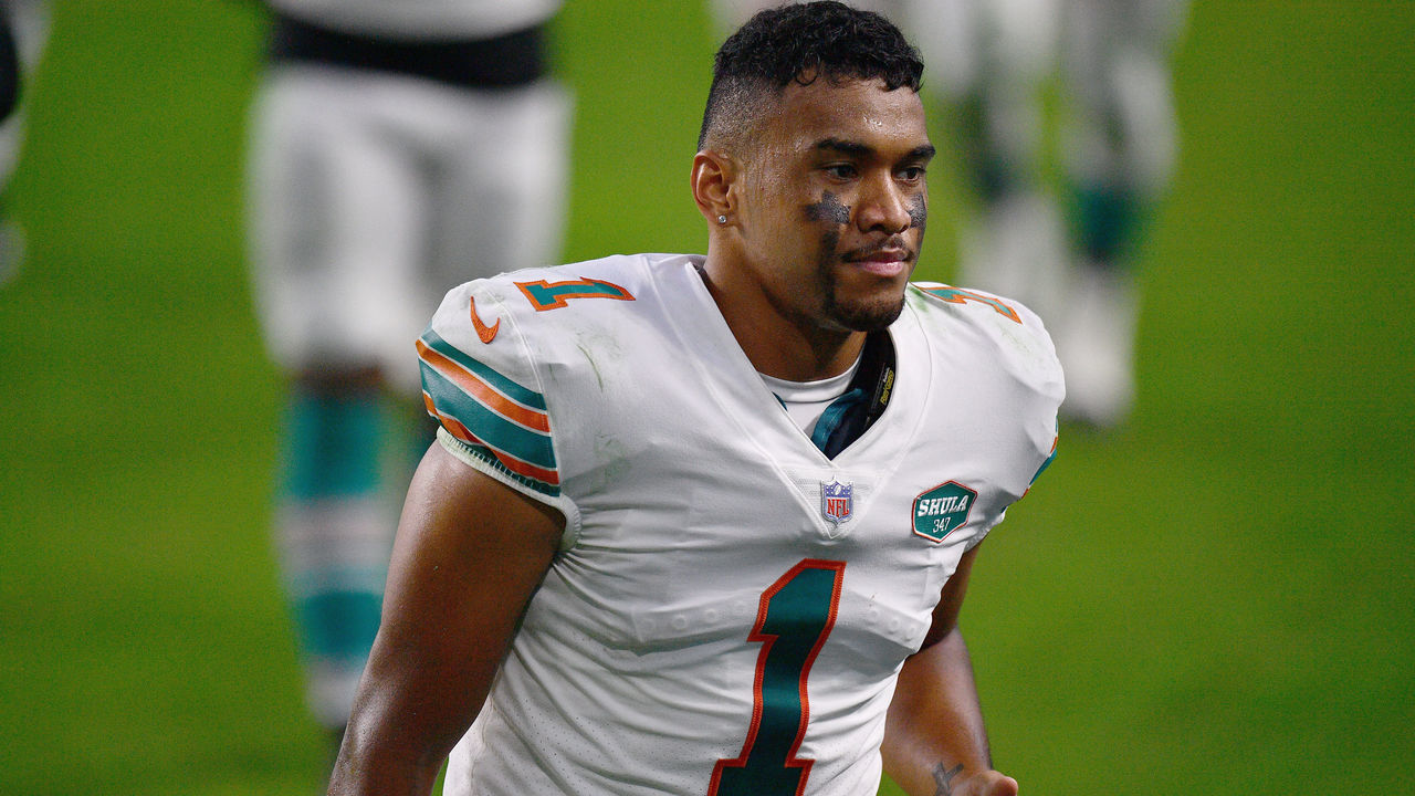 MIAMI GARDENS, FLORIDA - NOVEMBER 15: Tua Tagovailoa #1 of the Miami Dolphins leaves the field after the game against the Los Angeles Chargers at Hard Rock Stadium on November 15, 2020 in Miami Gardens, Florida.