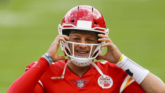 KANSAS CITY, MO - NOVEMBER 08: Patrick Mahomes #15 of the Kansas City Chiefs removes his helmet prior to the game against the Carolina Panthers at Arrowhead Stadium on November 8, 2020 in Kansas City, Missouri.